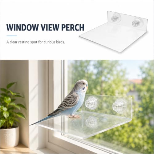 HANABASS Suction Cup Bird Perch Platform for Window and Shower, Acrylic Clear Flat Parrot Stand for Parakeet Cockatiel Macaw, Portable Wall Mounted Accessory