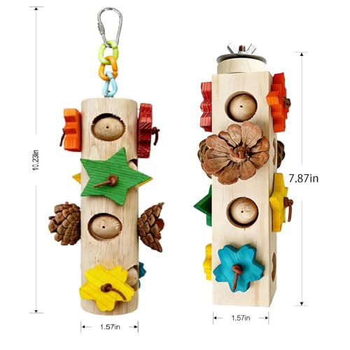 2 Pcs Wooden Bird Chew Toys(Round and Square) | with Colorful Wood Blocks Pine Cones Parakeet Chew Foraging Toy for Beak-Grinding,Cage Accessories - color: Colorful