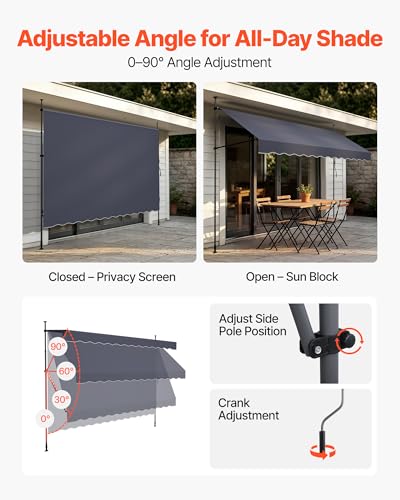 VEVOR Manual Retractable Awning, 138" x 59" Outdoor Patio Awnings Sunshade Shelter with 43"-59" Retractable Side Bar, No Drill Height Adjustable, Crank Handle for Backyard, Balcony, Dark Gray - size: 138x59 in
