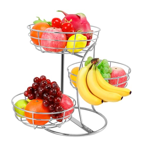 Livabber Fruit Basket Bowl with Banana Hanger, Fruit Vegetable Storage Basket with Banana Tree Holder for Kitchen Counter, Detachable Organizer for Bread Snack Produce (Chrome, 3-Tier Metal Base) - color: Chrome, style: 3-Tier Metal Base