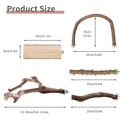Bird Perches, 5pcs Natural Wood Birds Stand Branch, Bird Perch Chewing Stick Cage Accessories Parrot Climbing Standing Branches Paw Grinding Fork Sets for Cockatiels Ringneck Parrots