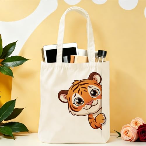 Cartoon Canvas Tote Bag, Gifts for Women Men Birthday Christmas Reusable Tote Shoulder Bag for Grocery Shopping 01 - color: Tiger 486