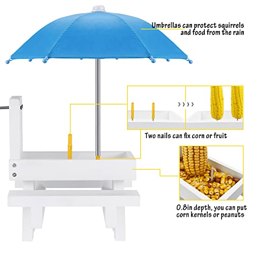 Squirrel Feeder Table with Umbrella, Wooden Squirrel Picnic Table Feeder, Durable Squirrel Feeder Corn Cob Holder, with Solid Structure and 2 x Thick Benches(White&Blue) - color: White&Blue