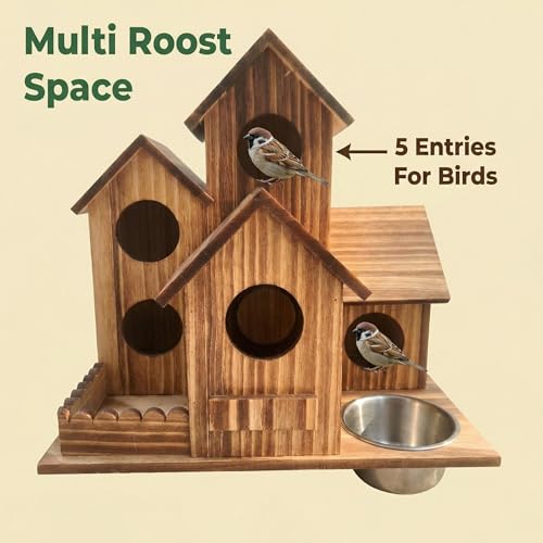 Cekobechg Outdoor 5-Hole Wooden Bird House with Feeding Basin, Bird Nest for Garden and Patio Decor, Ideal for Finches, Bluebirds, Cardinals and Small Birds, Natural Solid Wood