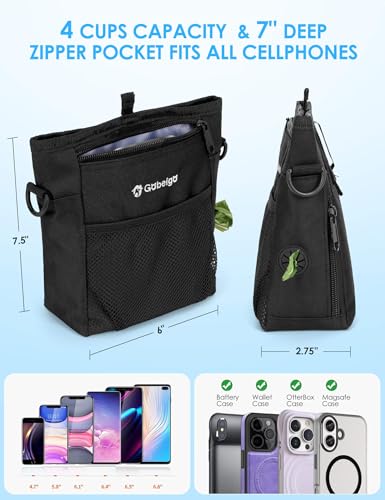 4 Cup Dog Treat Pouch with Silicone Insert Bag& Clicker(Black) | 2 Pair Magnetic Closures, Belt Clip/Waist Belt/Crossbody Wear, Zipper Pocket Poop Bag Holder for Pet Training/Daily Walking - color: Black
