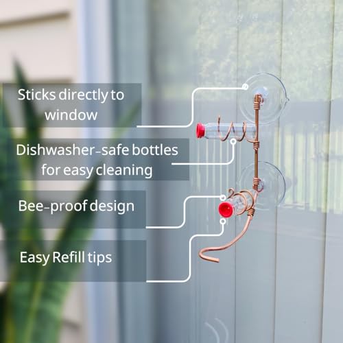 Window Hummingbird Feeder | Handcrafted Copper and Aluminum | Multiple Stations | Modern Hummingbird Feeder | Home Décor | Glass Bottles | Suction Cups (Copper, Two Station) - size: Two Station - Standard Perch