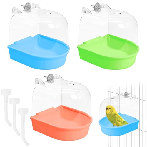 Tfwadmx 3Pcs Bird Bath for Cage Hanging Parakeet Bath Box Clear Bird Bathtub Water Shower Food Feeder Bathing Tub for Cockatiel Conure Canary Budgies - color: Green, Blue &Orange