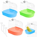 Tfwadmx 3Pcs Bird Bath for Cage Hanging Parakeet Bath Box Clear Bird Bathtub Water Shower Food Feeder Bathing Tub for Cockatiel Conure Canary Budgies - color: Green, Blue &Orange