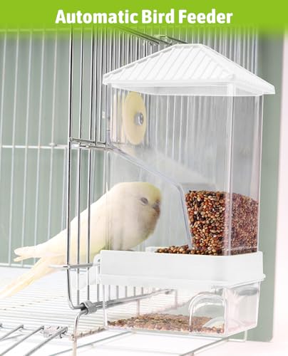 Hamiledyi Automatic Bird Feeder No Mess Bird Cage Feeder Seed Food Container with Perch Transparent Parrot Cage Accessories for Parakeets, Budgies, Cockatoos, Finches, Lovebirds, Canaries (White) - color: Translucent White + Perch