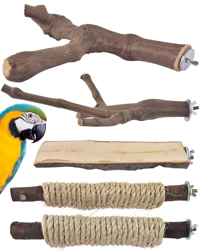 Bissap 5PCS Large Bird Perch Stand, Natural Wood Pole Standing Paw Grinding Fork Parrot Cage Branch with Rope for Macaw African Grey Amazon Pet Medium Large Birds Cage Accessories