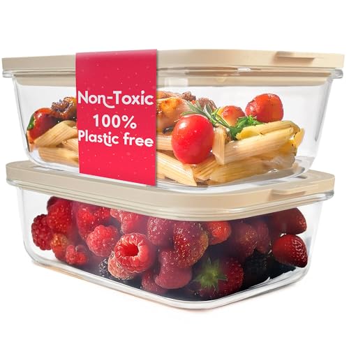 Non-Toxic Glass Food Containers with Lids, 2-Pack, 50 oz, Airtight, Beige | Plastic & BPA free. Glass body, glass lid & platinum silicone seal. Airtight & leakproof. Freezer & microwave safe. - color: Beige, size: 50 Oz