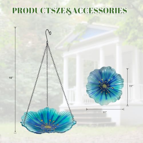 Bird Baths for Outdoors, Glass Birdbaths Outdoor Birdfeeder with Metal Stake (Light Blue with Hanging) - color: Navy Blue with Hanging