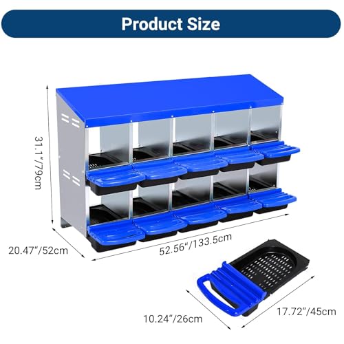 GarveeHome 2-Tier Chicken Nesting Box, 10 Compartment Metal Chicken Laying Boxes with Waterproof Roof ＆ Removable Trays for Hens, Poultry，Easy Egg Collection - color: Blue, size: 10 holes