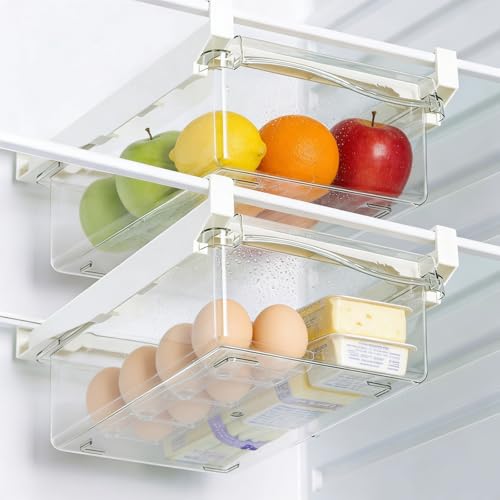 URALFA Fridge Drawer Organizer 2 Pack, Fridge Organizers and Storage | Deli Drawer for Refrigerator, Pull Out Fridge Under Shelf Drawer, Refrigerator Storage Containers for Fruit, Egg, Yogurt - color: 2 Pack Drawer