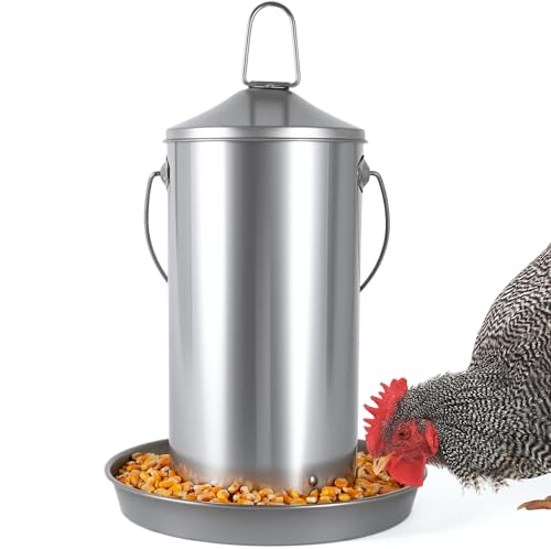 8.8lb Stainless Steel Hanging Chicken Feeder, Metal No Waste Poultry Feeder, Rustproof, Reusable, Long-Lasting, Gravity Feed Chicken Coop Accessories for Chicken, Geese, Duck, Hens, Rooster, Chick