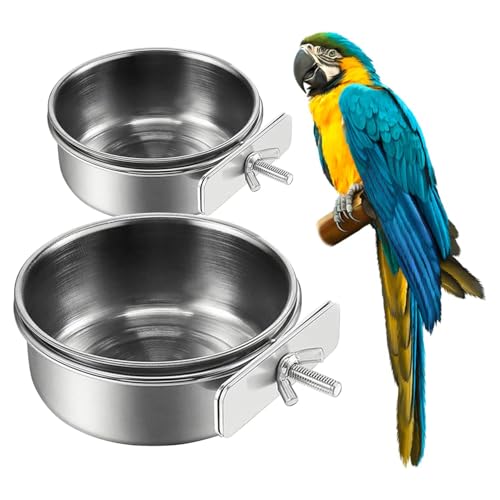2Pcs Stainless Steel Bird Feeding Bowls, Parrot Food Water Feeder Cage Cup Holder Dia 3.93",4.72" - size: 3.93", 4.72"