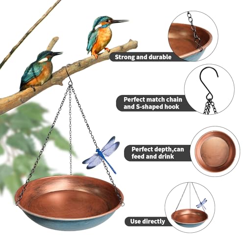 Hanging Bird Bath for Outdoors,11Inch Double Patchwork Birdbath Bowl Window Birds Feeder with 13.5 in Rust-Proof Black Chains Metal Hanging Birds Feeder for Garden Backyard Decor Copper Blue