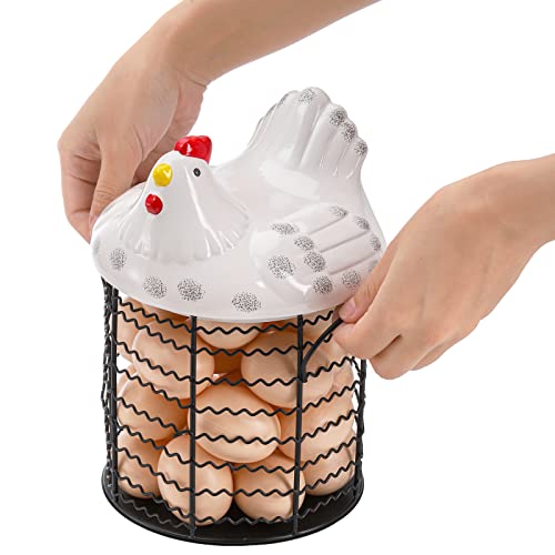 Hiceeden Metal Wire Chicken Egg Storage Basket, Decorative Fresh Egg Holder with Ceramic Chicken Design Lid, Portable Round Collectiong Basket for Kitchen Supplies, Pantry
