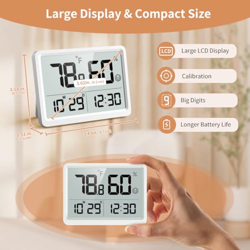 Indoor Thermometer Hygrometer with Clock, Room Temperature Monitor | Calibration, 3.62 LCD, 3-Way Mount, 10s Refresh, Date Display, Comfort, Baby Room, Greenhouse, Guitar, CR2450 Battery - color: White