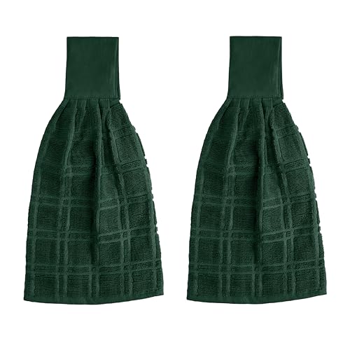Blue Needles Hanging Kitchen Towels - Forest Green 100% Cotton Solid Kitchen Tie Towel, Set of 2 Hand Dish Cloth with Hanging Loops 9 x 17 Inches, Absorbent, Super Soft, and Fast Drying Home Essential - color: Forest Green