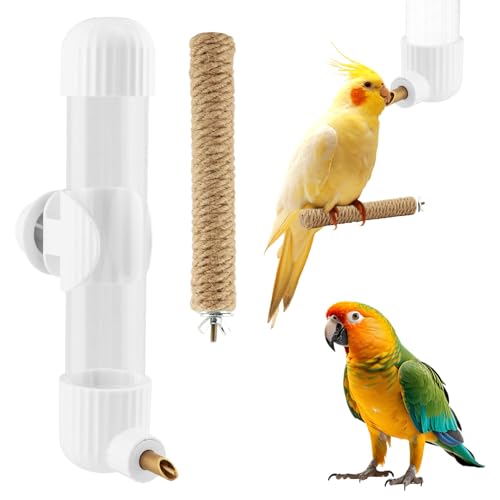 9.4 Fl Oz Bird Water Dispenser, No Mess Spring Valve Water Bottle with Parrot Bite Perch, Flexible Installation, for Small Birds Budgies, Cockatiels, Canaries, Lovebirds