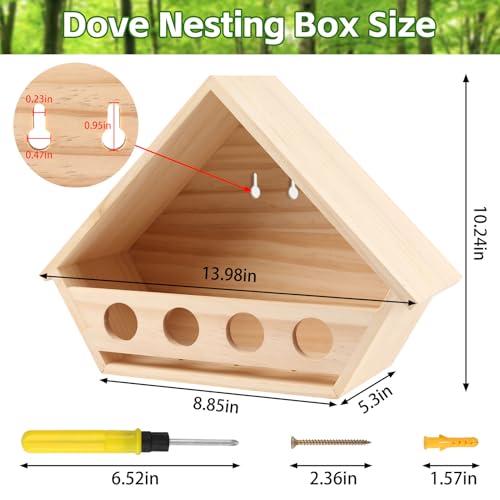 Dove Bird House for Outside, Wooden Mourning Dove Nesting Box | 14"L x 10.2"H x 5.3"W Pigeon House Roosting Platform with 2 Preset Mounting Holes - Easy To Install & Remove