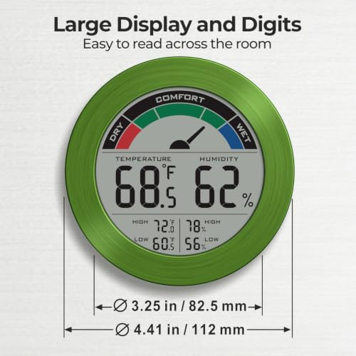 Digital Hygrometer Indoor Thermometer, Brushed Metal Frame, Green | Large round display, clear digits, accurate readings, comfort gauge, humidity meter, room temperature and humidity monitor - color: Green Stainless