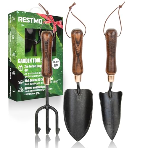 RESTMO Gardening Tools Set, 3-in-1, Carbon Steel, Wooden Handle, Brown | Heavy duty gardening tools kit. Includes trowel, transplanter, cultivator. Ergonomic wooden handle. Ideal gardening gifts. - size: Gardening Tool Set