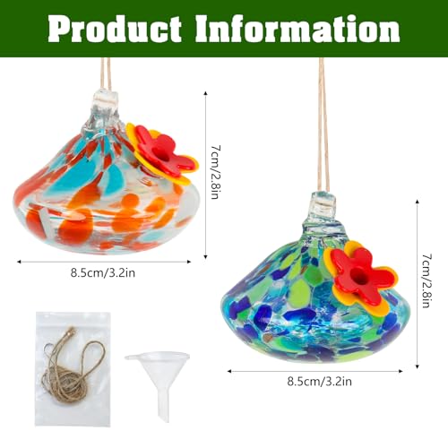 2 Pcs Blown Glass Hummingbird Feeder for Outdoors Hanging | Ant & Bee Resistant Window Bird FeederHandmade Garden Decor Gift for Women - Small Round Blue Red Glass Feeders Bundle - color: Style F