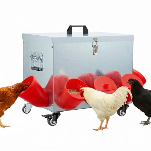 Magicfly 40 lbs Chicken Feeder No Waste, Large Metal Chicken Feeder Box | 8 Bell-Mouth Feeding Port, with Handle and Wheels, Rat Proof Chick Feeder for Chickens, Ducks & Geese - size: 40 lb