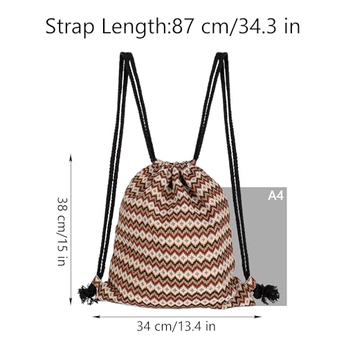 Van Caro Bohemian Drawstring Backpack Light Cinch Bag Gym Sack String Bag - color: D-white