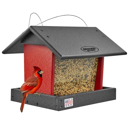 Poly Hanging Hopper Bird Feeder, Large Bird Feeder for Outside, Outdoors - Amish American Made (Hanging, Black & Red) - color: Black & Red, style: Hanging