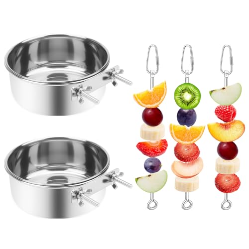 2 Pcs Bird Feeder Bowls with 3 Pcs Food Holder for Cage, Parrot Food Water Bowls and Fruit Skewer Foraging Toy, Stainless Steel Bird Feeding Dish Cups for Small Animals (Silvery, 5 Pcs)