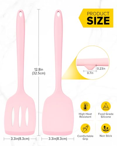 Pack of 2 Silicone Spatula Turners, Non Stick Slotted Kitchen Spatula Set, Heat Resistant BPA Free Kitchen Utensils, One-Piece Design, Suitable for Flipping Fish, Eggs, Steak, Pancakes (PINK) - color: Pink