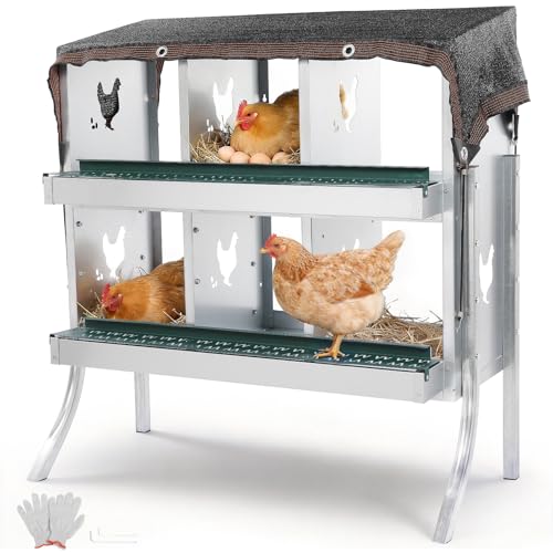 6-Compartment Roll Away Chicken Nesting Box with Legs,Lid & Perch | Pre-installed nuts, Fast assembly, galvanized steel, rounded edges, sunshade cloth + vents, wall mount or floor use