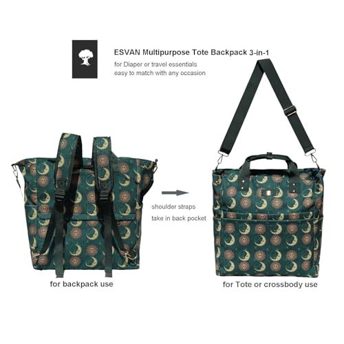 Diaper Tote Bag Totepack Backpack Crossbody Bag 3 in 1 for Women Laptop Backpack Multifunctional with Insulated Pockets - color: Corduroy Dark Green Moon