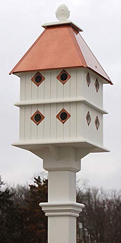 BestNest Manor Bird House & Decorative Mounting Post Kit – White PVC 8-Compartment with Hammered Copper Roof, Predator Guards & Vinyl with Ground Anchor, Elegant Outdoor Birdhouse Set