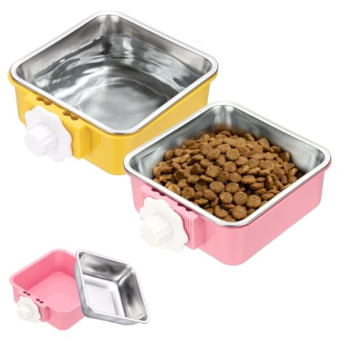 Crate Dog Bowl, Removable Stainless Steel Pet Cage Hanging Anti-Overturn Food Water Feeder Cage Cup (2Pcs, Square, Yellow/Pink, 17.7oz), Intended for Puppies/Cat/Rabbit/Bird - color: Yellow/Pink, size: 5.7"(17.7oz)