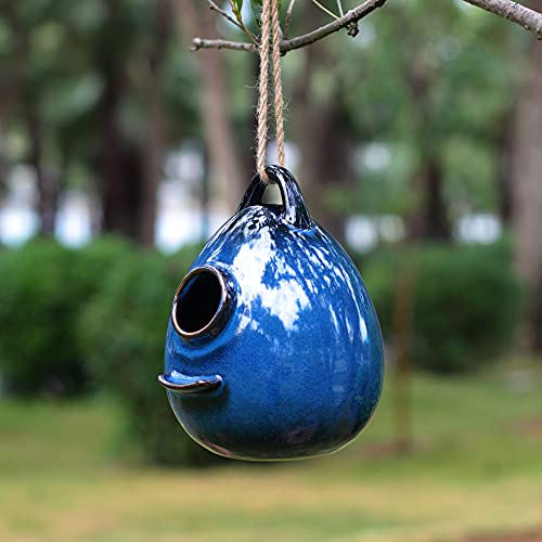 Kimdio Birdhouse Ceramic Hanging Birdhouses Bird Hut Hanging Outdoor Birdhouse for Wild Birds, Finch, Cardinal, and Bluebird - Blue - color: b - Blue