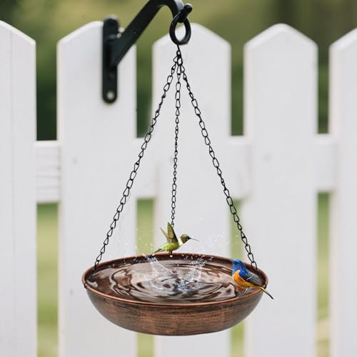 12" Metal Hanging Bird Bath with Chains and Hook | 2" Deep Bowl, 0.7Gal Capacity, 3 Chain Support, Easy Cleaning, Rust Resistant, Garden Decor - size: 12"