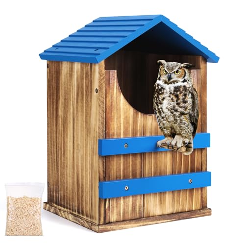 Owl House, Wood Screech Owl House Bird Box with Shavings Owls Boxes for Outside, Owls Nesting Box with Perch Stand & Mounting Kit for Wildlife Habitat Shelter Lovers(Blue) 13.5x7.5x8.7in