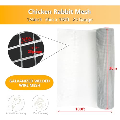 Hardware Cloth 36 in x 100 ft 1/4 in, Chicken Wire Fence (23 Gauge), Galvanized Welded Cage Wire Mesh Roll for Chicken Coop, Screen mesh, Rabbit Fence and Poultry Enclosures (Silver White) - color: Silver White, size: 1/4in 36in x 100ft