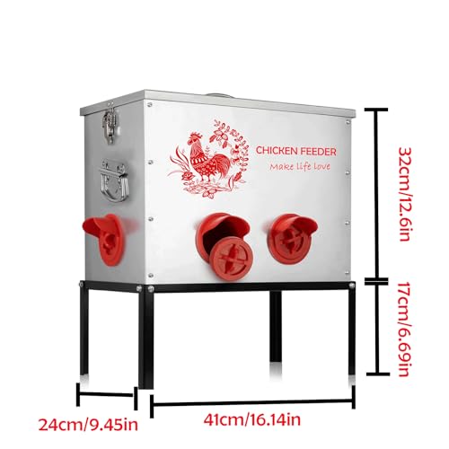 1pc 40 lb Chicken Feeder Box-6 Ports Large Metal Automatic Chicken Feeder Rat Proof with Locking Lid and Legs Galvanized for Chickens, Ducks, Geese(T1)