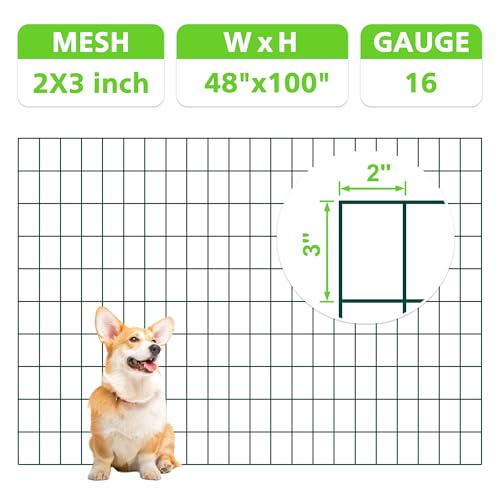 Green PVC Coated Welded Wire Fencing,2"x3" 16 Gauge,48inch H x 100ft L Garden Wire Fence Roll,2/3/4/5/6ft Tall x 50/100 ft Long Hardware Cloth Metal Mesh for Yard,Farm,Chicken,Dog,Vegetable Protection - color: Green, size: 2"x3" 48inx100ft