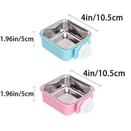Crate Dog Bowl,Removable Stainless Steel Water Food Feeder Bowls Crate Coop Cup,Pet Cage Bowls with Bolt Holder for Cat, Puppy, Birds, Rats, Rabbits Small Animals ((Blue+Pink) Square, Samll) - color: (Blue+Pink) Square, size: Small