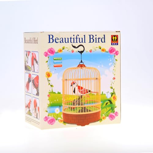 PowerTRC Singing & Chirping Bird in Cage, Realistic Sounds & Movements, Sound Activated, Battery Operated, Great Desk and Room Accessory, Pet Caged Bird Toy (10” x 7”) - color: #2 Red & White