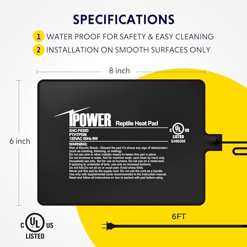 iPower Reptile Heat Pad 6X8 Inch 8W Under Tank Terrarium Warmer Heating Mat for Turtle, Lizard, Frog, Snake, Reptile, and Other Small Animals - size: 6 X 8 Inch, style: Heat Pad