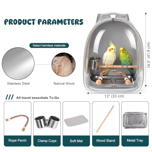 Bird Traval Carrier Cage, Multi Vent Holes Clear Space Capsule Astronaut Backpack to Carry Parakeet Cockatiel Parrot with Metal Tray Wood Perch, Vet Transport Book Bag - color: Grey