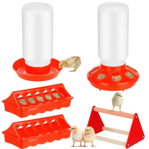 TINSKY 5 Pack Chick Feeder and Waterer Set Plastic Baby Chicken Brooder Starter Kit with Chick Perch for Small Poultry Ducks Quail