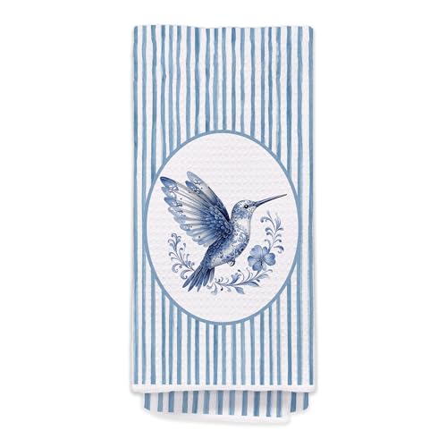 Chinoiserie Hummingbird Kitchen Towels, Hummingbird Gifts Hand Towels for Bathroom Kitchen, Grandmillennial Bird Blue and White Striped Decorative Dish Tea Towel Dishcloth649 - color: Hcolor010